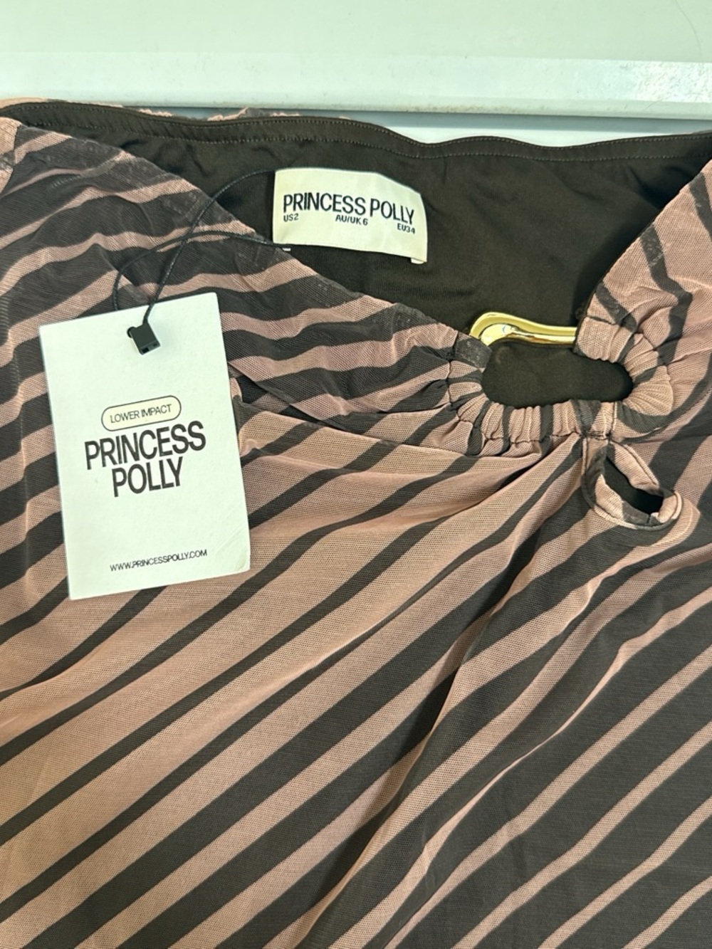 Princess Polly NWT Pink and Brown Striped Top with Gold Ring Accent